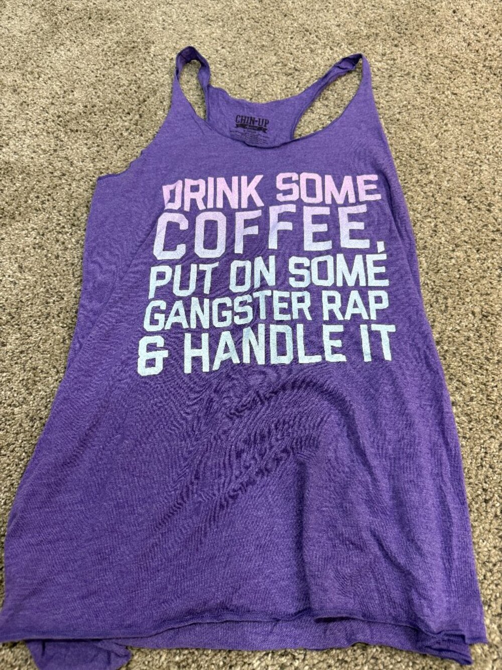 Chin Up Women's XL Purple Racerback Tank Drink Some Coffee Gangster Rap